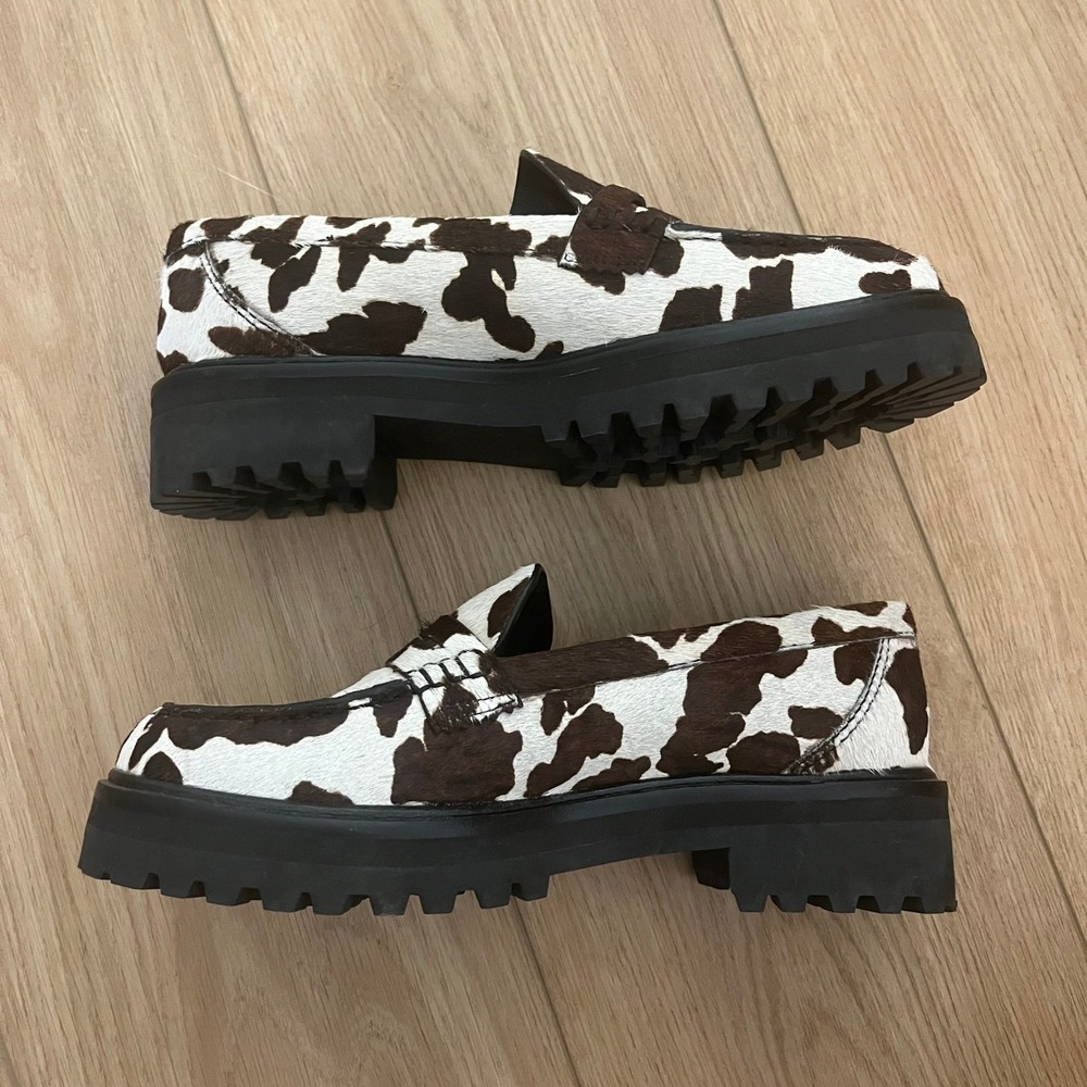 Reformation Agathea Chunky Loafers 6.5 Brown Cow Print CalfHair Lug Sole Leather